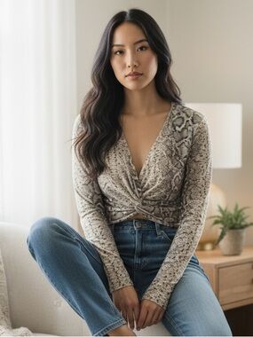 Neutral super soft FLEECE Snake Print Twist-Front Long Sleeve Top